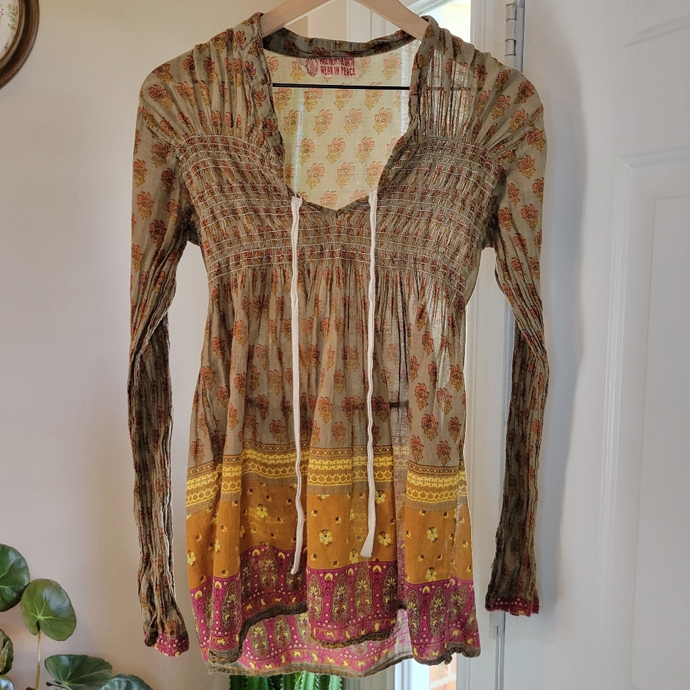 Made From The Earth Wear In‎ Peace Bohomian Printed Cotton Blouse, Size Womens S